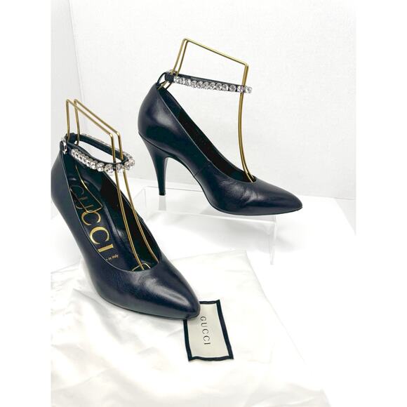 GUCCI Black Leather Crystal Embellished Ankle Strap Pointed Toe Pump Heel EU36.5 - Picture 2 of 13
